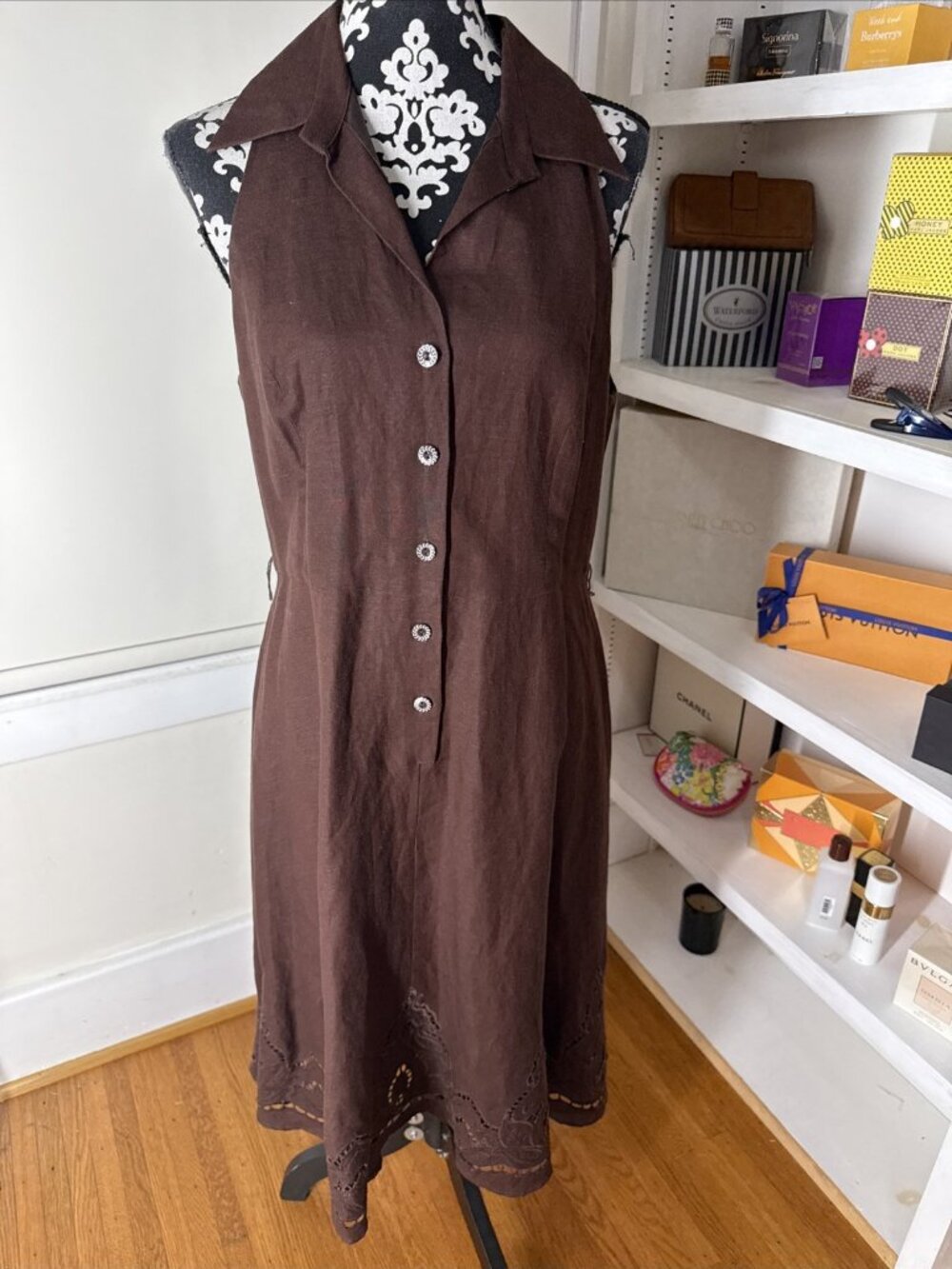 Dress Size 14 Petite Brown Linen Blend Maxi Button Up Cut Out Hem Lined Old $